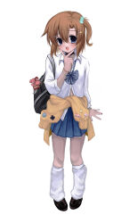 1girl 2000s_(style) absurdres alternate_costume alternate_hairstyle bag blue_bow blue_bowtie blue_eyes blue_skirt bow bowtie bracelet cardigan cardigan_around_waist choker clothes_around_waist collared_shirt commentary dress_shirt full_body gyaru hair_between_eyes hair_ornament hairclip highres higurashi_no_naku_koro_ni jewelry kogal loafers looking_at_viewer loose_socks nail_polish nemu_(zutto_oyasu3) one_side_up open_mouth orange_hair parted_bangs pleated_skirt ryuuguu_rena school_bag school_uniform shirt shoes short_hair shoulder_bag simple_background skirt sleeves_rolled_up smile socks solo standing white_background white_shirt