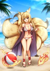 Rule 34 | 1girl, :d, animal ear fluff, animal ears, ball, bare shoulders, beach, beachball, bikini, blonde hair, breasts, collarbone, commentary request, day, fang, fox ears, fox girl, fox shadow puppet, fox tail, frilled bikini, frilled bikini top, frills, full body, gluteal fold, heart, heart tail, highres, kayou (sennen sensou aigis), large breasts, long hair, looking at viewer, minaha (playjoe2005), mole, mole on breast, multiple tails, nail polish, navel, open mouth, outdoors, pink eyes, red nails, sennen sensou aigis, side-tie bikini bottom, skin fang, smile, solo, standing, swimsuit, tail, water