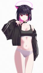 Rule 34 | animal ears, bare legs, black hair, blue archive, breasts, cat ears, choker, cleavage, colored inner hair, extra ears, halo, highres, jacket, kazusa (blue archive), marks (dmhunsu10), medium breasts, multicolored hair, navel, off shoulder, open clothes, open jacket, panties, pink hair, red eyes, simple background, sports bra, thighs, underwear, white background, white panties