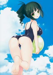Rule 34 | 1girl, absurdres, arched back, ass, ball, barefoot, beachball, blue one-piece swimsuit, blue sky, blush, breasts, cloud, day, drill hair, feet, from behind, green eyes, green hair, highres, kiyoshi saya, large breasts, long hair, looking at viewer, looking back, one-piece swimsuit, open mouth, outdoors, ponytail, saki (manga), shiny clothes, shiny skin, shoulder blades, sky, smile, solo, swimsuit, takimi haru
