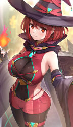 Rule 34 | 1girl, adapted costume, backless outfit, black cloak, bob cut, book, breasts, chest jewel, cleavage, cloak, covered navel, dangle earrings, detached sleeves, duplicate, earrings, fingerless gloves, fire, gem, gloves, gonzarez, hat, highres, jewelry, large breasts, long sleeves, micro shorts, pantyhose, pantyhose under shorts, pixel-perfect duplicate, pyra (xenoblade), red eyes, red hair, short hair, short shorts, shorts, sleeveless, swept bangs, thick thighs, thigh strap, thighs, wide hips, witch, witch hat, xenoblade chronicles (series), xenoblade chronicles 2