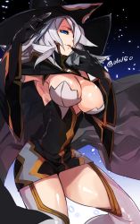 Rule 34 | 1girl, alternate color, alternate eye color, alternate hair color, arc system works, bad id, bad pixiv id, blazblue, blazblue: central fiction, blue eyes, breasts, cape, cleavage, dress, female focus, gloves, hair over one eye, hat, hyakuhachi (over3), konoe a. mercury, large breasts, long hair, phantom (blazblue), shiny clothes, shiny skin, short dress, silver hair, solo, thighhighs, witch hat