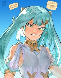 Rule 34 | 1girl, absurdres, ac120, aqua hair, armpits, arms at sides, backlighting, biting own lip, breasts, clothing cutout, covered erect nipples, cowlick, dated, dress, english text, faruzan (genshin impact), genshin impact, green eyes, hair ornament, hairclip, heart, heart-shaped pupils, highres, jewelry, light smile, long hair, looking at viewer, naughty face, parted lips, shoulder cutout, sideboob, small breasts, solo, symbol-shaped pupils, twintails, upper body, v-shaped eyebrows, very long hair, white dress, x hair ornament