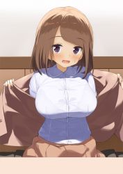 Rule 34 | 1girl, blush, bra, bra visible through clothes, breasts, brown hair, impossible clothes, impossible shirt, kaisen chuui, large breasts, looking at viewer, open clothes, original, pleated skirt, purple eyes, see-through, shirt, shirt tucked in, sitting, skirt, solo, sweatdrop, swept bangs, taut clothes, taut shirt, underwear