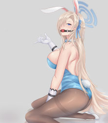 Rule 34 | 1girl, absurdres, animal ears, ass, asuna (blue archive), asuna (bunny) (blue archive), ball gag, bare shoulders, blue archive, blue eyes, blue leotard, blush, boomer mountain, bow, bowtie, breasts, detached collar, elbow gloves, fake animal ears, from side, gag, gloves, grey background, hair over one eye, hairband, halo, high heels, highres, kneeling, large breasts, leotard, light brown hair, long hair, looking at viewer, looking to the side, one eye covered, pantyhose, playboy bunny, rabbit ears, simple background, solo, thighs, traditional bowtie, white footwear, white gloves, white hairband, wiffle gag