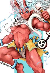 Rule 34 | 1girl, absurdres, anklet, blue eyes, breasts, budget sarashi, chest sarashi, colored skin, commentary, electricity, english commentary, fundoshi, gluteal fold, highres, horns, japanese clothes, jewelry, magatama print, medium breasts, muscular, muscular female, navel, original, pointy ears, red skin, sarashi, signature, skin-covered horns, snoozincopter, solo, thighhighs, twitter username, underboob, white hair