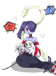 Rule 34 | 1girl, absurdres, blue skin, colored skin, controller, detached collar, detached sleeves, dress, hair over one eye, highres, leviathan (skullgirls), red eyes, side ponytail, skullgirls, socks, squigly (skullgirls), stitched mouth, stitches, striped legwear, striped sleeves, zombie