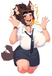 Rule 34 | 1girl, absurdres, animal ears, black necktie, bracelet, breasts, brown hair, dog ears, dog girl, dog tail, haru feng, highres, huge breasts, jewelry, large breasts, looking at viewer, necktie, original, shirt, short hair, solo, tail, tail wagging, thick thighs, thighs, white background, white shirt, yellow eyes