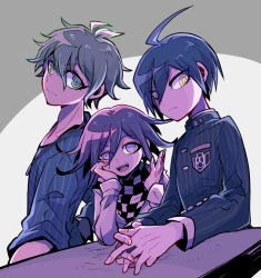 Rule 34 | 3boys, ahoge, amami rantaro, antenna hair, arm belt, arms on table, belt, black jacket, black scarf, black sleeves, blue hair, blue shirt, blue sleeves, buttons, checkered clothes, checkered scarf, closed mouth, collarbone, collared jacket, commentary request, crest, danganronpa (series), danganronpa v3: killing harmony, desk, elbows on table, eyelashes, fingernails, frown, green eyes, green hair, hair between eyes, hand on own cheek, hand on own face, high collar, interlocked fingers, jacket, jewelry, layered sleeves, light smile, long sleeves, looking at viewer, mako gai, male focus, multiple boys, oma kokichi, open mouth, own hands clasped, own hands together, pendant, pinstripe jacket, pinstripe pattern, pocket, purple eyes, purple hair, saihara shuichi, scarf, shirt, short hair, simple background, sleeves past elbows, sleeves past wrists, smile, striped clothes, striped shirt, teeth, two-tone scarf, upper body, upper teeth only, vertical-striped sleeves, white background, white belt, white jacket, white scarf, white sleeves, yellow eyes