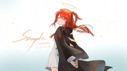 Rule 34 | 1girl, aged down, alternate hairstyle, arknights, artist name, black robe, blush, character request, chinese commentary, closed eyes, commentary request, cowboy shot, dress, exusiai (arknights), facing viewer, halo, highres, long hair, long sleeves, looking back, ponytail, red hair, robe, sidelocks, smile, solo, teeth, tianye toshi, white background, white dress, wide sleeves