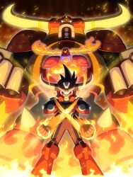 Rule 34 | 3boys, clenched hands, colored sclera, crossed arms, fire, geo stelar (mega man), horns, looking at viewer, male focus, mega man (series), mega man star force, mega man star force 3, multiple boys, napo, red eyes, red sclera, taurus (mega man), taurus fire (mega man)