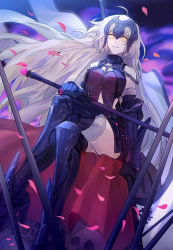 Rule 34 | 1girl, ahoge, armor, armored boots, black footwear, black gloves, black thighhighs, boots, breasts, chain, clothing cutout, crossed legs, elbow gloves, fate/grand order, fate (series), floating hair, from below, gloves, highres, holding, holding sword, holding weapon, jeanne d&#039;arc (fate), jeanne d&#039;arc alter (avenger) (fate), jeanne d&#039;arc alter (avenger) (third ascension) (fate), jeanne d&#039;arc alter (fate), knee boots, large breasts, long hair, navel cutout, outdoors, petals, silver hair, sitting, smile, solo, sword, thighhighs, very long hair, weapon, yellow eyes