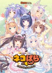 Rule 34 | 6+girls, :3, :d, animal ear fluff, animal ears, apron, arm up, azuki (nekopara), bell, blonde hair, blue bow, blue eyes, blunt bangs, blush, bow, bowtie, breasts, brown eyes, brown hair, cat ears, cat girl, cat tail, chocola (nekopara), cinnamon (nekopara), cleavage cutout, clothing cutout, coconut (nekopara), commentary request, eyes visible through hair, fake animal ears, fang, finger to face, frilled apron, frills, green bow, green eyes, grin, hair between eyes, hair ribbon, hand up, highres, jingle bell, juliet sleeves, logo, long hair, long sleeves, looking at viewer, low twintails, maid headdress, maple (nekopara), matching outfits, minazuki shigure, multiple girls, name tag, nekopara, official art, open mouth, orange bow, outline, own hands clasped, own hands together, paw pose, pink bow, ponytail, puffy sleeves, purple bow, purple eyes, purple hair, ribbon, ribbon-trimmed clothes, ribbon trim, sayori (neko works), short hair, slit pupils, small breasts, smile, tail, twintails, vanilla (nekopara), very long hair, waist apron, white hair, white ribbon, yellow bow, yellow eyes