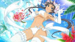 Rule 34 | 1girl, bikini tan, blue flower, blue rose, blue sky, blush, bouquet, breasts, bridal legwear, bridal lingerie, bride, brown hair, cleavage, cloud, coconut, coconut tree, day, flower, gloves, green eyes, hair flower, hair ornament, homura (senran kagura), in water, jewelry, lace, lace-trimmed legwear, lace trim, large breasts, leaf, linea alba, lingerie, long hair, looking at viewer, multicolored flower, multicolored rose, navel, necklace, ocean, official alternate costume, official art, outdoors, palm tree, panties, pearl necklace, pink flower, pink rose, ponytail, purple flower, purple rose, red flower, red rose, ribbon, rose, senran kagura, senran kagura new wave, senran kagura shoujo-tachi no shin&#039;ei, sky, smile, solo, tan, tanline, thighhighs, tree, tropical, underboob, underwear, v, white gloves, white panties, white ribbon, white thighhighs, yaegashi nan, yellow flower, yellow rose