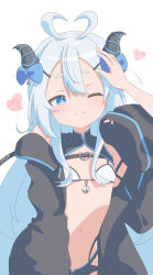 absurdres akugaki_koa antenna_hair belly black_cloak blue_eyes blue_hair blue_ribbon blue_trim bra buckle chest_belt cloak crescent_pendant diamond-shaped_pupils diamond_(shape) flat_chest headpat heart heart-shaped_buckle heart_antenna_hair highres idol_corp kokoaalala33 mesugaki navel one_eye_closed ribbon symbol-shaped_pupils underwear virtual_youtuber white_bra