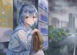 Rule 34 | 1girl, bag, blue hair, blue sailor collar, blue skirt, city, closed mouth, commentary request, hair between eyes, half updo, haneru, haori haruki, himitsu no jugyou, holding, holding bag, long hair, long sleeves, medium hair, outdoors, overcast, pantyhose, pleated skirt, rain, sailor collar, shirt, skirt, sky, smile, solo, wet, wet clothes, wet shirt, white pantyhose, white shirt, yellow eyes