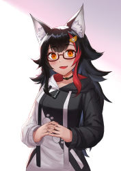 Rule 34 | 1girl, :d, absurdres, animal ear fluff, animal ears, black choker, black hair, black hoodie, blush, breasts, choker, commentary, cowboy shot, eyelashes, glasses, hair ornament, highres, hololive, hood, hoodie, long hair, long sleeves, looking at viewer, medium breasts, multicolored hair, ookami mio, ookami mio (casual), open mouth, orange eyes, own hands clasped, own hands together, paw print, paw print pattern, red-framed eyewear, red hair, samc, semi-rimless eyewear, simple background, smile, solo, streaked hair, two-tone hair, two-tone sweater, virtual youtuber, white background, white hoodie, wolf ears