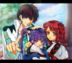 Rule 34 | 1boy, 2girls, asbel lhant, cheria barnes, cloud, day, hand on another&#039;s head, letterboxed, multiple girls, nadir, pointing, sky, smile, sophie (tales), tales of (series), tales of graces, tree, two side up
