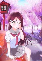Rule 34 | absurdres, bad id, bad pixiv id, bench, busterbeam, cherry blossoms, food, frown, hair ornament, hairclip, half updo, highres, long hair, looking at viewer, love live!, love live! sunshine!!, petals, pocky, red hair, sakurauchi riko, school uniform, solo, twitter username, uranohoshi school uniform, yellow eyes