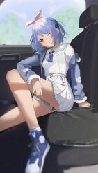 Rule 34 | 1girl, absurdres, animal ears, bare legs, blue hair, blue jacket, blue ribbon, breasts, bright pupils, car, car interior, carrot hair ornament, clenched teeth, food-themed hair ornament, fur-trimmed jacket, fur-trimmed sleeves, fur trim, hair ornament, hair ribbon, highres, hololive, jacket, jewelry, leg up, looking at viewer, motor vehicle, necklace, nofakeuk, one eye closed, open mouth, rabbit-shaped eyewear, rabbit ears, red eyes, ribbon, sailor collar, shirt, shoes, short hair, short twintails, sidelocks, sitting, skirt, small breasts, sneakers, socks, solo, teeth, thick eyebrows, twintails, usada pekora, usada pekora (casual), virtual youtuber, white pupils, white sailor collar, white shirt, white skirt, white socks