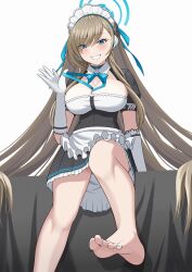Rule 34 | 1girl, absurdres, apron, asuna (blue archive), bare legs, barefoot, between breasts, black choker, black dress, blue archive, blue bow, blue bowtie, blue choker, blue eyes, blue halo, blue nails, blue ribbon, blush, bow, bowtie, breasts, brown hair, choker, collared dress, commentary request, covered erect nipples, dress, elbow gloves, eyelashes, feet, foot out of frame, foot up, frilled apron, frilled dress, frills, gloves, grey background, hair over one eye, hair ribbon, halo, hand up, headset, highres, huge breasts, legs, lemon kele, long hair, maid, maid apron, maid headdress, mole, mole on breast, nail polish, parted bangs, partial commentary, puffy short sleeves, puffy sleeves, ribbon, short sleeves, simple background, sitting, smile, solo, toenail polish, toenails, toes, very long hair, white apron, white gloves
