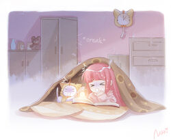 Rule 34 | &gt;o&lt;, 1girl, blanket, book, cat, character name, clock, closed eyes, closet, commentary, cushion, english commentary, long hair, momo (miracle nikki), night, nikki (miracle nikki), official art, open book, pajamas, pink hair, pink pajamas, scared, shelf, shining nikki, stuffed animal, stuffed toy, teddy bear, under covers, vase, wall, wall clock, white cat, yellow cloak