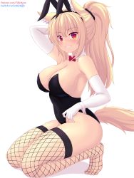 Rule 34 | 1girl, animal ear fluff, animal ears, bare shoulders, black headwear, black leotard, black scrunchie, blonde hair, blush, bow, bowtie, breasts, cat ears, cat girl, cat tail, cleavage, covered navel, detached collar, elbow gloves, fake animal ears, fishnet thighhighs, fishnets, from side, full body, gloves, hair ornament, hair scrunchie, hairband, highleg, highleg leotard, highres, kneeling, large breasts, leotard, long hair, looking at viewer, nottytiffy, original, parted lips, patreon username, playboy bunny, ponytail, rabbit ears, red bow, red bowtie, red eyes, scrunchie, sideboob, simple background, sleeveless, slit pupils, smile, solo, strapless, strapless leotard, tail, thighhighs, tiffy (nottytiffy), twitch username, white background, white gloves, wrist cuffs