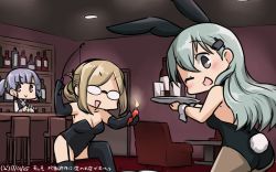 Rule 34 | &gt;:), 3girls, ;d, alcohol, animal ears, bar (place), bdsm, blonde hair, blush, bottle, candle, check commentary, commentary request, dated, dominatrix, elbow gloves, fake animal ears, folded ponytail, garter straps, glasses, gloves, hair ornament, hairclip, hamu koutarou, highres, kantai collection, katori (kancolle), long hair, multiple girls, one eye closed, ooshio (kancolle), opaque glasses, open mouth, pantyhose, playboy bunny, pointer, purple hair, rabbit ears, rabbit tail, remodel (kantai collection), silver hair, smile, stool, suzuya (kancolle), tail, thighhighs, tray, twintails, v-shaped eyebrows, vest, wine bottle