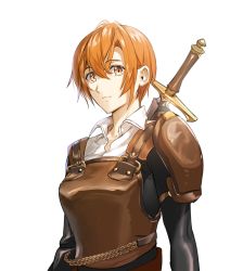 Rule 34 | 1girl, androgynous, armor, bad id, bad pixiv id, breastplate, brown eyes, brown hair, collared shirt, ddaomphyo, hair between eyes, long sleeves, looking at viewer, original, shirt, short hair, shoulder armor, simple background, solo, standing, sword, upper body, weapon, white background, white shirt, wing collar