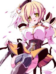 Rule 34 | 10s, 1girl, blonde hair, blush, boots, breasts, clothes lift, covered erect nipples, drill hair, elbow gloves, fingerless gloves, gloves, hair ornament, hat, large breasts, mahou shoujo madoka magica, mahou shoujo madoka magica (anime), miuku (marine sapphire), panties, skirt, skirt lift, smile, solo, striped clothes, striped thighhighs, thighhighs, tomoe mami, twin drills, twintails, underwear, upskirt, vertical-striped clothes, vertical-striped thighhighs, yellow eyes