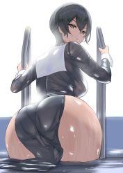 Rule 34 | 1girl, ass, ass focus, backlighting, black dress, black hair, blush, breasts, cameltoe, climbing ladder, dress, ev (dai00888), grin, highres, huge ass, impossible clothes, large breasts, looking at viewer, looking back, nun, original, partially submerged, pool ladder, short hair, smile, solo, wading, water, wet, wet clothes, white background, wrist cuffs, yellow eyes