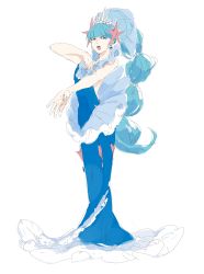 Rule 34 | 1girl, blue eyes, blue hair, buntatta, creatures (company), dress, earrings, female focus, full body, game freak, gen 7 pokemon, hand on own chest, highres, jewelry, long hair, looking at viewer, matching hair/eyes, nintendo, open mouth, personification, pokemon, primarina, shell, shell earrings, simple background, solo, starfish hair ornament, very long hair, white background
