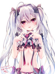 Rule 34 | 1girl, absurdres, ahoge, black bow, blush, bow, breasts, commentary request, cropped shirt, crossed bangs, eyelashes, grey hair, hair between eyes, hair bow, hair intakes, hands up, happy, head tilt, heart, heart hands, highres, long hair, looking at viewer, medium breasts, midriff, milestone celebration, navel, neck ribbon, no bra, open mouth, original, red bow, red eyes, red ribbon, ribbon, sakuradukihina, shirt, signature, simple background, smile, solo, stomach, tsurime, twintails, underboob, upper body, very long hair, white background, white shirt