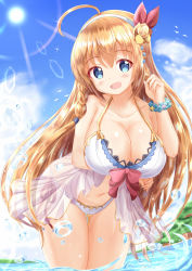 Rule 34 | 1girl, :d, ahoge, bare shoulders, bikini, blue eyes, blue sky, blush, bow, bracelet, braid, breasts, cleavage, cloud, cloudy sky, collarbone, commentary request, day, flower, hair between eyes, hair flower, hair ornament, hair ribbon, hairband, halterneck, head tilt, highres, jewelry, large breasts, leaning forward, light brown hair, long hair, looking at viewer, navel, open mouth, outdoors, pecorine (princess connect!), pecorine (summer) (princess connect!), princess connect!, red bow, red ribbon, ribbon, rose, side braid, single braid, sky, smile, solo, standing, sun, sunlight, swimsuit, thigh gap, very long hair, wading, water, white bikini, white hairband, xenon (for achieve), yellow flower, yellow rose