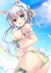 Rule 34 | 1girl, :d, absurdres, animal ears, ass, bikini, blue sky, braid, breasts, bridal garter, cloud, day, frilled bikini, frills, green bikini, green eyes, grey hair, hair bun, hair ornament, hair ribbon, hairclip, heart, heart hair ornament, highres, large breasts, long hair, looking at viewer, looking to the side, open mouth, original, outdoors, rabbit ears, rabbit tail, ribbon, shirosei mochi, sideboob, sky, smile, solo, standing, swimsuit, tail