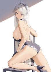 Rule 34 | 1girl, absurdres, alternate costume, ass, azur lane, backless swimsuit, bare legs, blue eyes, breasts, chair, enterprise (azur lane), frilled one-piece swimsuit, frills, from behind, gloves, grey hair, high heels, highres, large breasts, long hair, looking at viewer, lordol, maid, maid headdress, maid one-piece swimsuit, on one knee, one-piece swimsuit, purple eyes, sideboob, straight hair, swimsuit, thighs, unconventional maid, very long hair, white hair