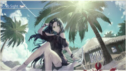Rule 34 | 1girl, beach, beach chair, beach house, black hair, closed mouth, clothing cutout, cloud, commentary, crab, earrings, english text, fingernails, hand in own hair, highres, hoop earrings, jewelry, long hair, looking at viewer, original, outdoors, palm tree, shoulder cutout, simple bird, sitting, solo, tena (tenor 07209), tree