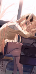 Rule 34 | 1girl, absurdres, backlighting, black ribbon, black skirt, blonde hair, blush, breasts, briefcase, brown cardigan, brown pantyhose, cardigan, classroom, crossed legs, desk, feet out of frame, fischl (genshin impact), from side, genshin impact, green eyes, hair ribbon, head rest, highres, indoors, long hair, long sleeves, looking at viewer, looking to the side, md5 mismatch, medium breasts, miniskirt, off shoulder, one side up, pantyhose, parted lips, resolution mismatch, ribbon, school briefcase, school desk, school uniform, skirt, solo, source smaller, torriet, very long hair