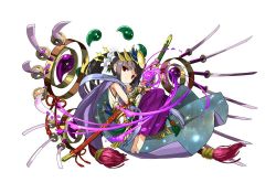 Rule 34 | 1girl, adachi yousuke, androgynous, barefoot, feet, flower, full body, headpiece, japanese clothes, katana, lily (flower), long hair, magatama, official art, ponytail, purple hair, puzzle &amp; dragons, red eyes, simple background, solo, sword, weapon, white background, yomi (p&amp;d)