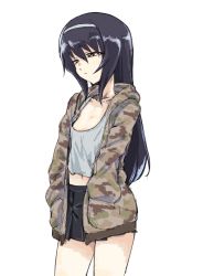 Rule 34 | 10s, 1girl, black hair, breasts, brown eyes, girls und panzer, hairband, hands in pockets, highres, jacket, kotoyama, long hair, loose clothes, loose shirt, pleated skirt, reizei mako, shirt, simple background, skirt, small breasts, solo, standing, white background