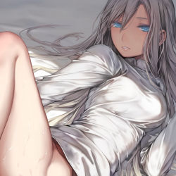 Rule 34 | 1girl, blue eyes, bottomless, female focus, groin, highres, long hair, long sleeves, lying, on back, on bed, original, out-of-frame censoring, parted lips, shirt, solo, sweat, takekawa shin, thighs, white shirt