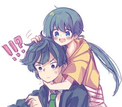 Rule 34 | !?, 1boy, 1girl, :d, absurdres, arm around neck, black hair, black jacket, blue eyes, blush stickers, collarbone, collared shirt, commentary, cowlick, dot nose, green hair, green necktie, hair between eyes, highres, hood, hood down, hoodie, idoly pride, jacket, kabotd, long hair, low twintails, makino kouhei, necktie, o o, okuyama sumire, open mouth, ruffling hair, shirt, short hair, sidelocks, simple background, skirt, smile, solid eyes, symbol-only commentary, teeth, twintails, upper body, upper teeth only, v-shaped eyebrows, white background, white shirt, white skirt, yellow hoodie