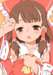 Rule 34 | 1girl, akou roushi, ascot, bandaid, bandaids on nipples, bare shoulders, bow, brown eyes, brown hair, clothes pull, collarbone, detached sleeves, hair bow, hair tubes, hakurei reimu, long sleeves, looking at viewer, open mouth, pasties, ribbon-trimmed sleeves, ribbon trim, shirt pull, shirt tug, simple background, solo, sweat, touhou, upper body
