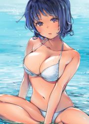 Rule 34 | 1girl, bad id, bad pixiv id, bikini, blue eyes, blue hair, blush, breasts, cleavage, collarbone, female focus, in water, large breasts, looking at viewer, matching hair/eyes, megumoke, navel, open mouth, original, revision, short hair, sitting, solo, swimsuit, water, wet, white bikini