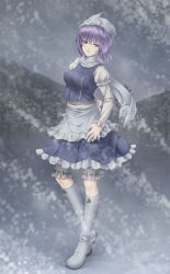 Rule 34 | 1girl, apron, bad id, bad pixiv id, bloomers, blue skirt, boots, breasts, female focus, frilled skirt, frills, full body, gradient background, hat, letty whiterock, mochi.f, purple eyes, purple hair, scarf, shirt, short hair, skirt, skirt set, snow, solo, touhou, underwear