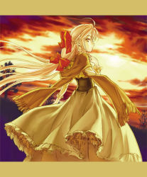 Rule 34 | 1girl, ahoge, blonde hair, bow, brown scarf, closed mouth, commentary request, corset, dress, feet out of frame, frilled dress, frills, grass, hair bow, letterboxed, long hair, looking at viewer, looking back, morino kiriko, original, red bow, scarf, sky, solo, sunset, tree, very long hair, white dress, yellow eyes