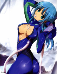 Rule 34 | 1girl, ass, blue eyes, blue hair, blue lips, bodysuit, breasts, breasts apart, candy, center opening, cleavage, covered erect nipples, food, glint, gloves, highres, jet yowatari, jewelry, lipstick, lollipop, long hair, looking at viewer, looking back, makeup, matching hair/eyes, medium breasts, mouth hold, original, pendant, solo, sparkle, tube, twisted torso, zipper