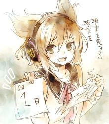 Rule 34 | 1girl, bare shoulders, bracelet, brown eyes, brown hair, calendar (object), commentary request, earmuffs, jewelry, looking at viewer, makuwauri, open mouth, pointy hair, shirt, sketch, sleeveless, sleeveless shirt, solo, torn paper, touhou, toyosatomimi no miko, translation request