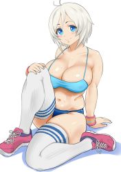 .live 1girl antenna_hair arm_support belly blue_eyes blush breasts buruma bustier cleavage deep_skin dennou_shoujo_siro dokiyuri female_focus full_body hand_on_own_knee highres large_breasts looking_at_viewer navel plump shoes short_hair sitting skindentation smile sneakers solo sportswear sweat sweatband thighhighs thighs virtual_youtuber white_background white_hair