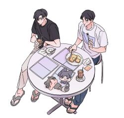 Rule 34 | 2boys, animal, animalization, black hair, black shirt, cat, character request, closed eyes, closed mouth, commentary request, cup, flip-flops, food, fork, full body, garbage time, gusge (ellllk), highres, holding, holding cup, holding fork, holding knife, knife, korean commentary, looking at another, male focus, multiple boys, pants, plate, raccoon, sandals, shirt, short hair, short sleeves, simple background, sitting, table, white background, white shirt